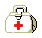small pixEl art picture of a white first aid kit BOX. it has a red cross on the front.
